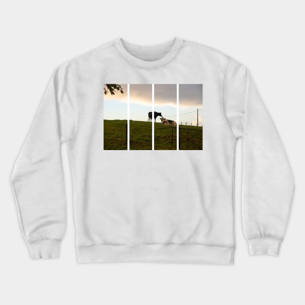 Two cows on the hill at sunset after a shower. Backlight. Crewneck Sweatshirt by fabbroni-art